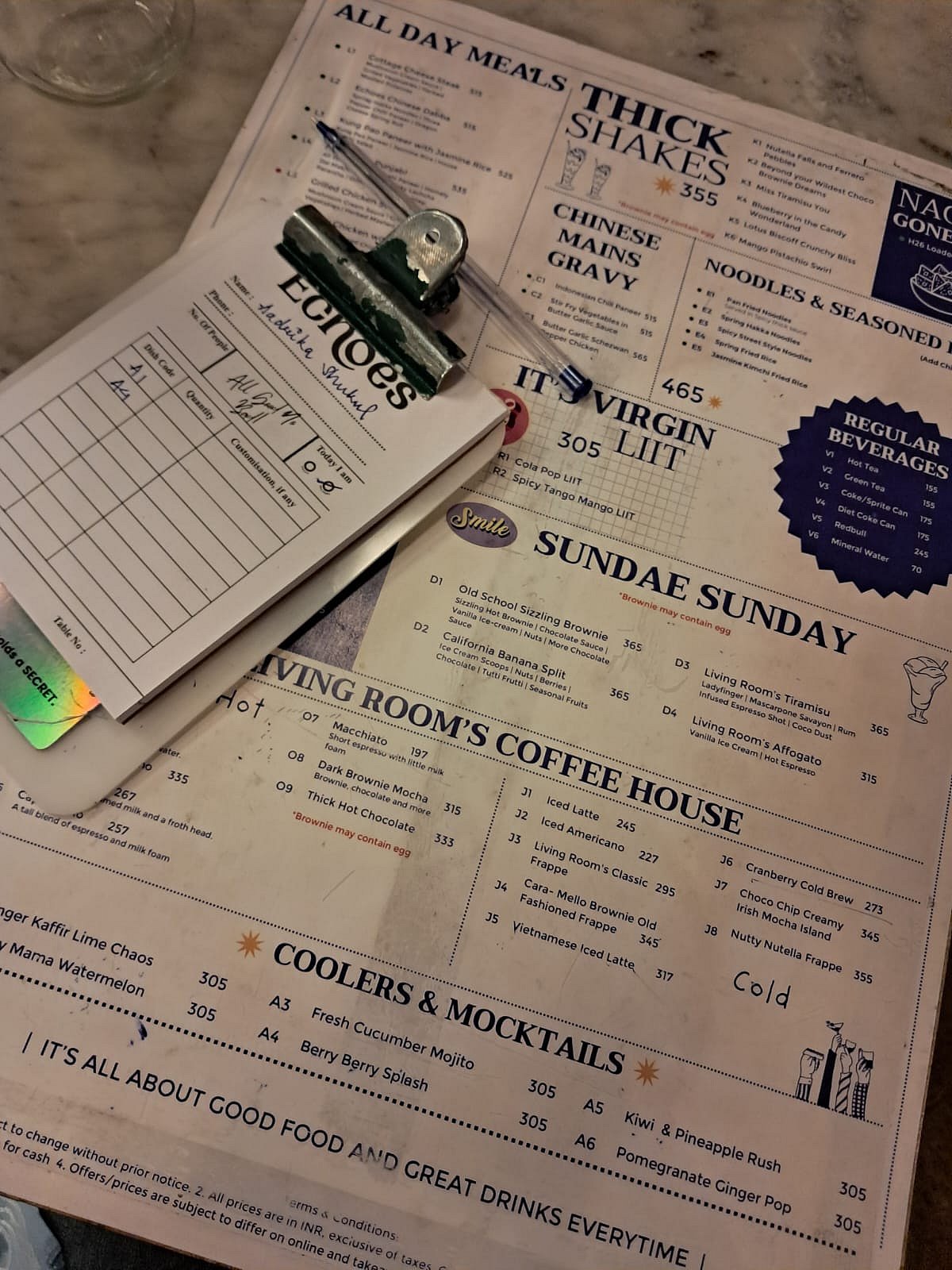 Echoes ordering booklet and menu