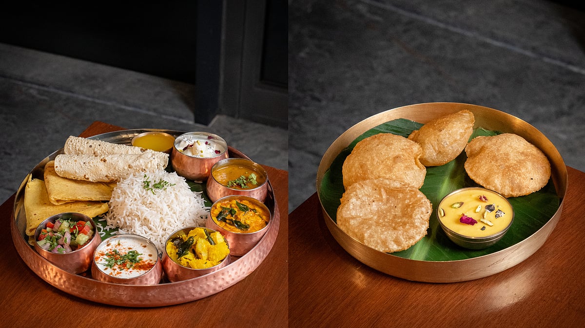 A Maharashtrian thali and poori with shrikhand