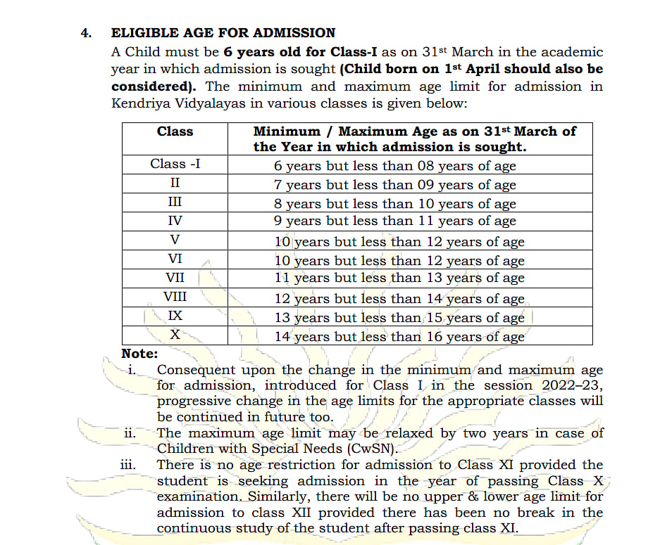 Age criteria for KVS admission