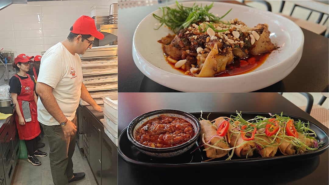 (Clockwise) Chef Rahul in the kitchen, Ma La Chilli Oil Wontons, and Spring Rolls