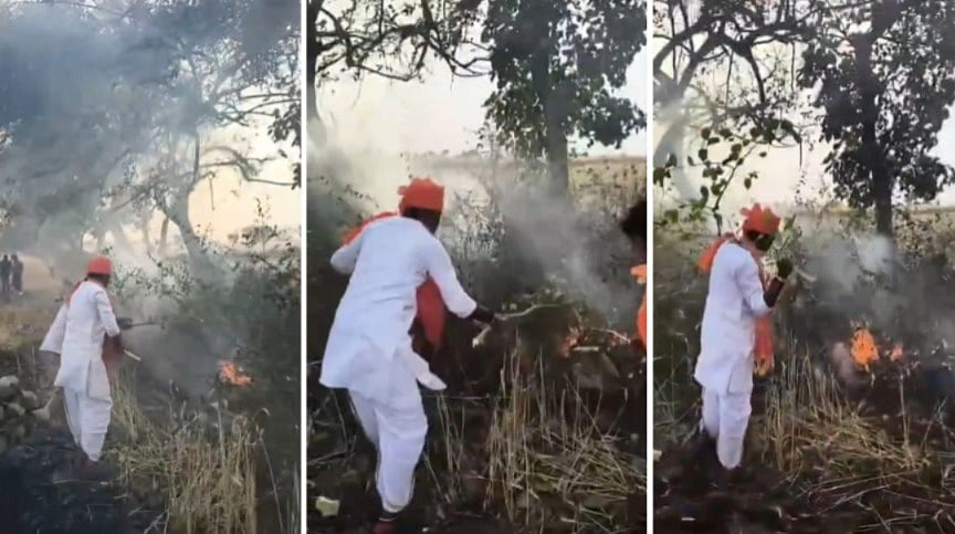 MP News: Forest Minister Dilip Ahirwar Stops Convoy Midway, Helps Farmers Douse Fire In Chhatarpur Field-- VIDEO