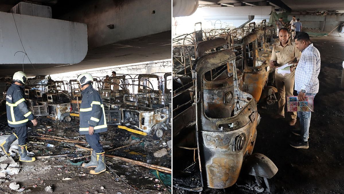 Fire destroys multiple rickshaws under Ghatkopar bridge, causing brief traffic disruption | Photo Credits: Vijay Gohil