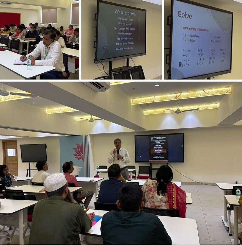 Participants attempt reading and problem-solving tasks as part of a simulation exercise highlighting accessibility challenges during the Antar-Chakshu workshop.