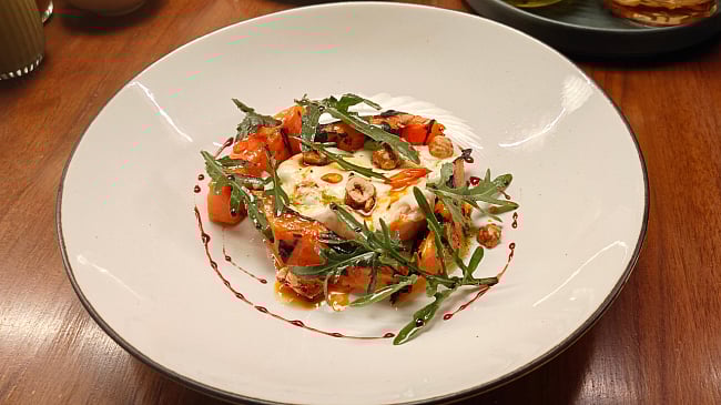 Grilled Papaya & Flamed Burrata salad