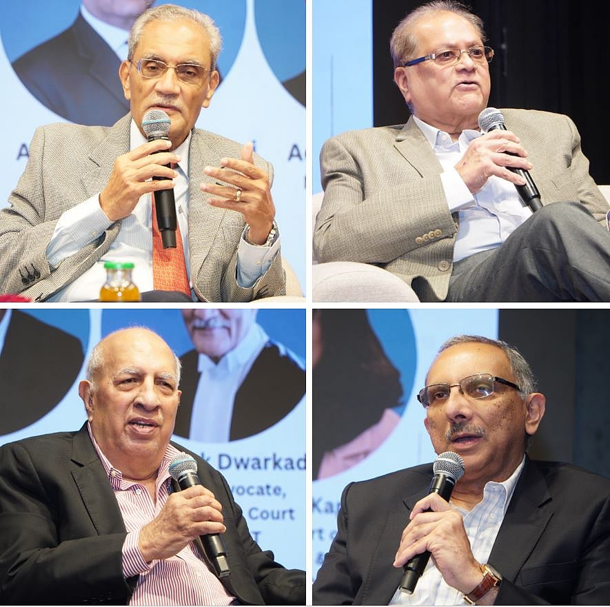 Clockwise from top left:  Mr. Janak Dwarkadas, Mr. Haresh Jagtiani, Mr. Anand Desai and Mr. Hiroo Advani speak at the arbitration panel discussion organised by D.M. Harish School of Law, HSNC University, Mumbai.