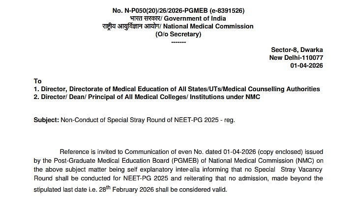 NMC Announces No Special Stray Vacancy Round For NEET-PG 2025; Admissions After February 28 Invalid