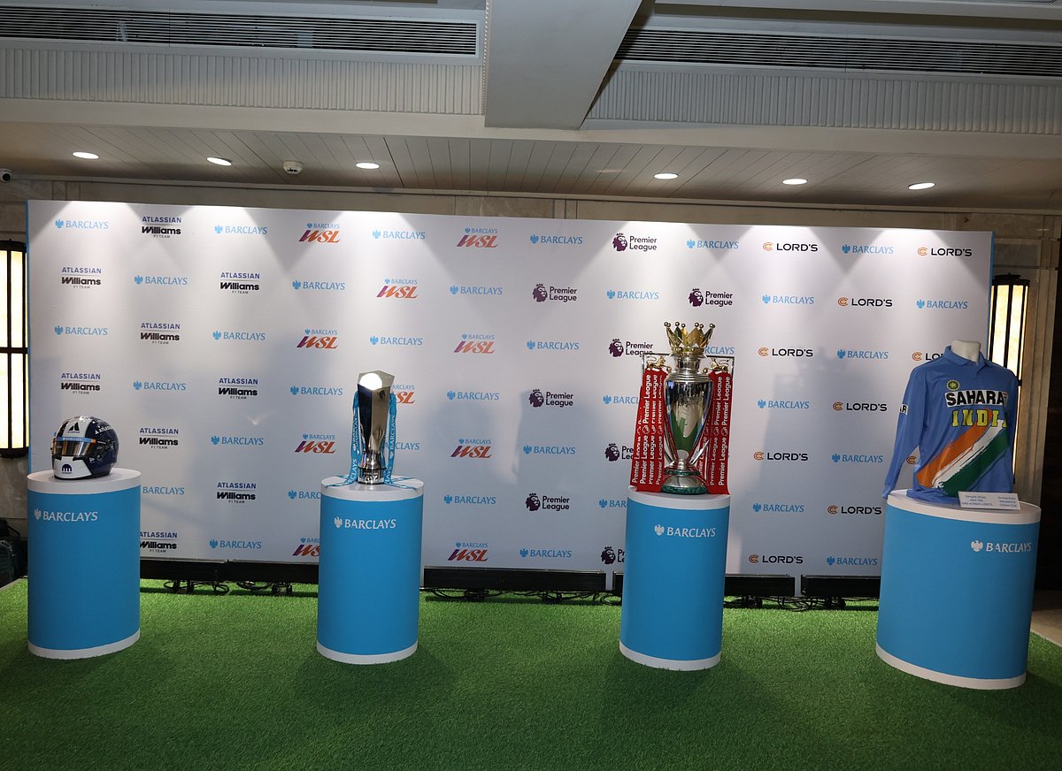 From R-L - Sourav Ganguly’s iconic 2002 Lord’s Pavilion jersey, Premier League and Barclays Women’s Super League trophies, Williams Racing Formula 1 headgear