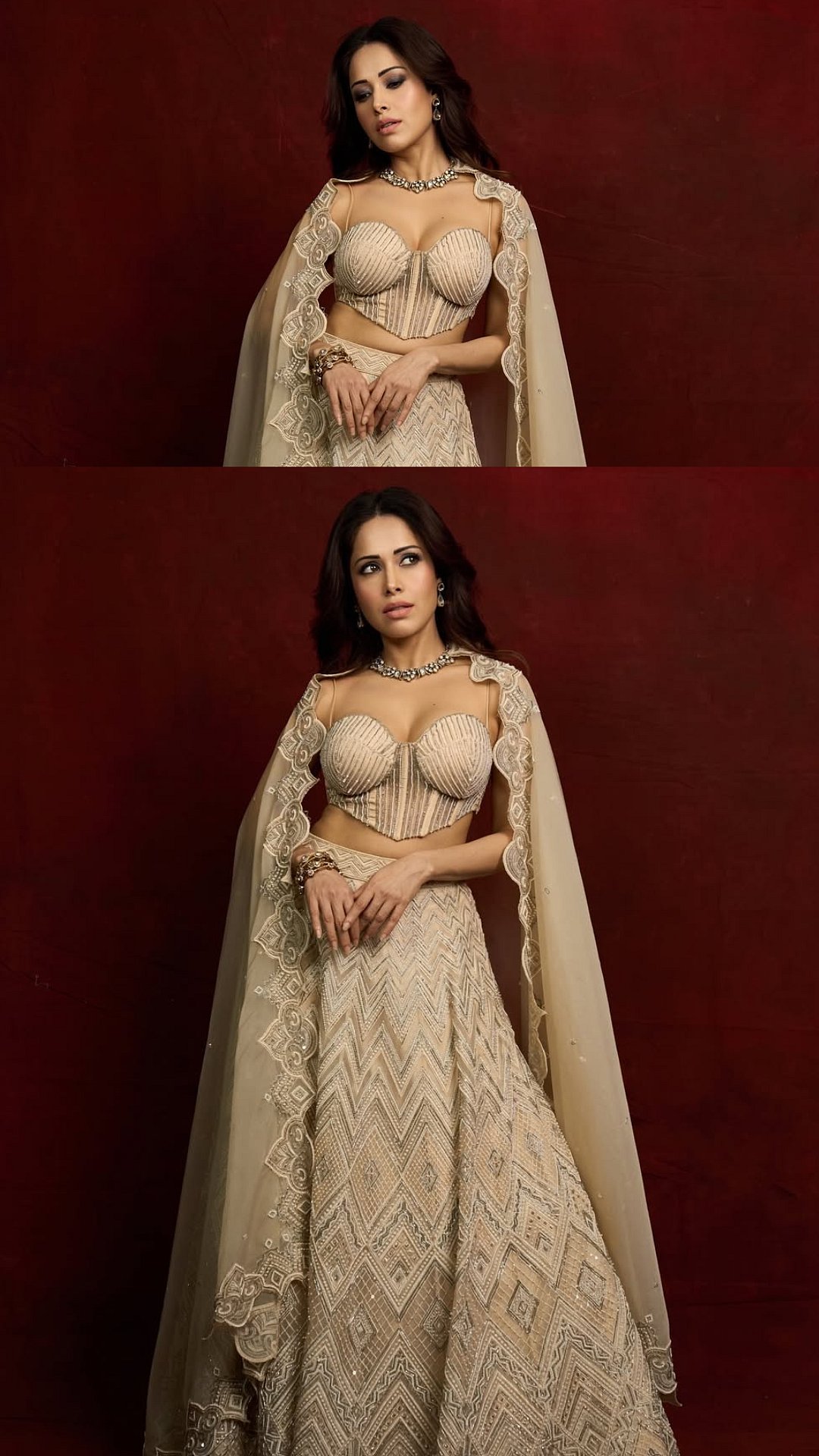 Nushrratt Bharuccha Serves One Of Her Most Regal Desi Looks In Ivory Lehenga & Corset-Style Blouse