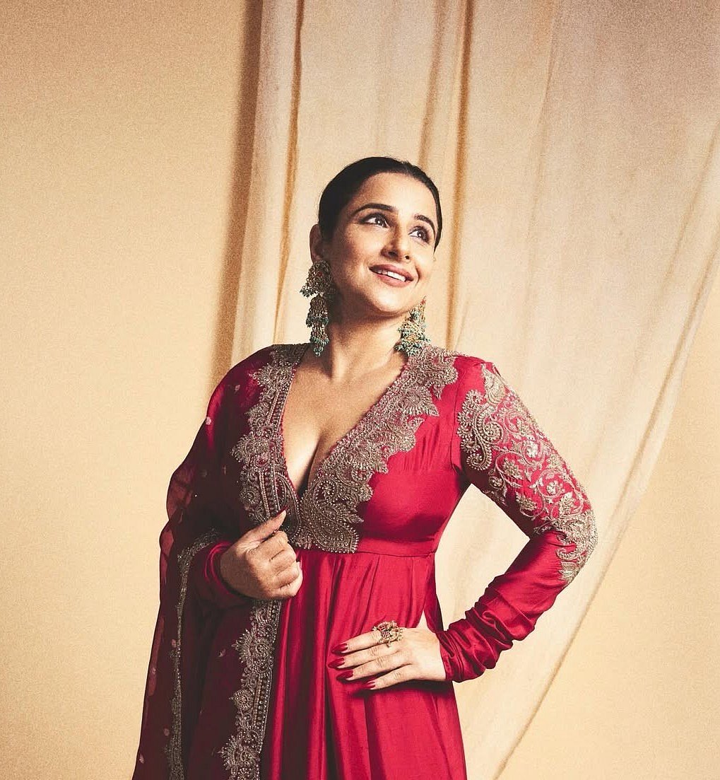 Stealing The Spotlight In Red! Vidya Balan Wows In Backless Ornate Anarkali For Raja Shivaji Trailer Launch In Mumbai