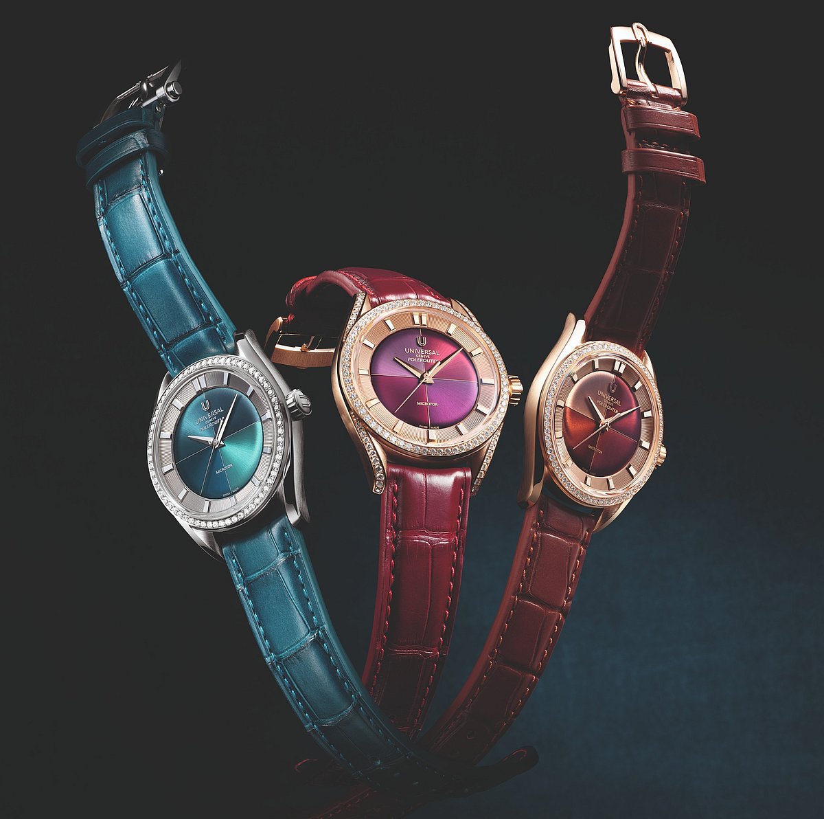 Universal Genève Polerouter Camaieu models in turquoise, berry, and toffee tones