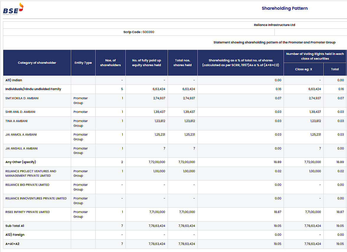 Shareholding of Reliance Infrastructure Ltd. by Promoter and Promoter Group (M/s Risee Infinity Pvt. Ltd.), as disclosed for the quarter ending March 2026 on BSE website