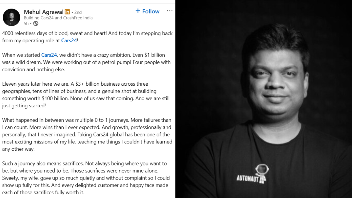 Another Exit From IPO-Bound Cars24, Co-founder Mehul Agarwal Steps Down