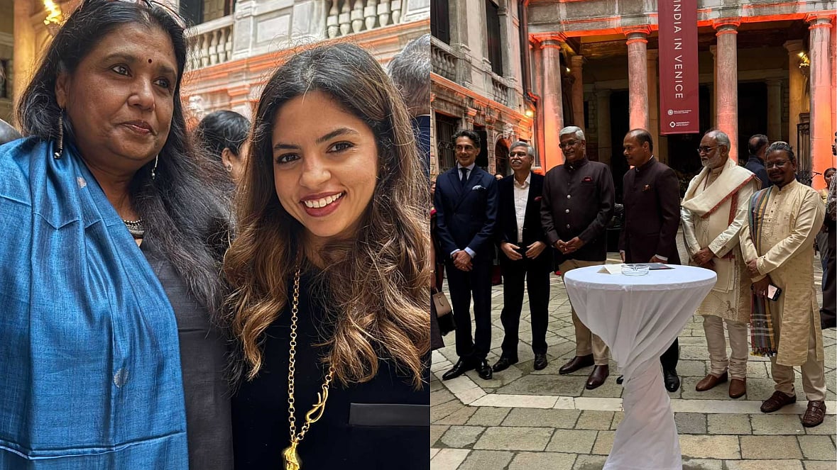 (left) Deviina Dalmia with artist Sujata Bajaj, (right) the Indian delegation at the opening reception of the National Pavilion of India