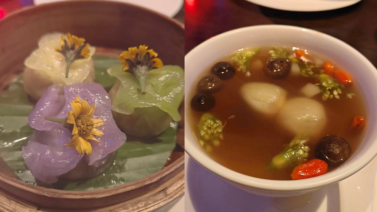 Blooming Flower Chicken Dumplings and Chive Flower with Edamame Soup