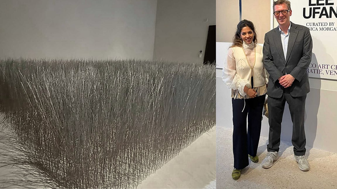(Image on the left) Relatum, thousands of steel rods standing upright in a bed of sand, (image on the right) Deviina with David Hrankovic, founder of SMAC