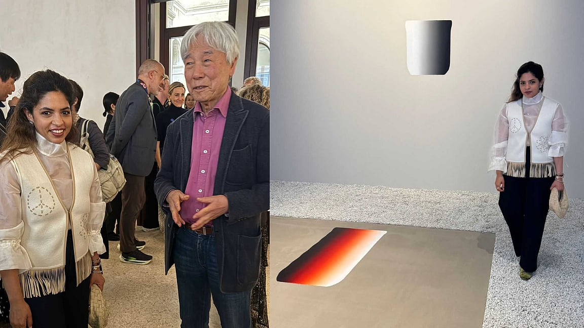 (Image on the left) Deviina with Lee Ufan, (image on the right) Deviina poses next to Lee's work