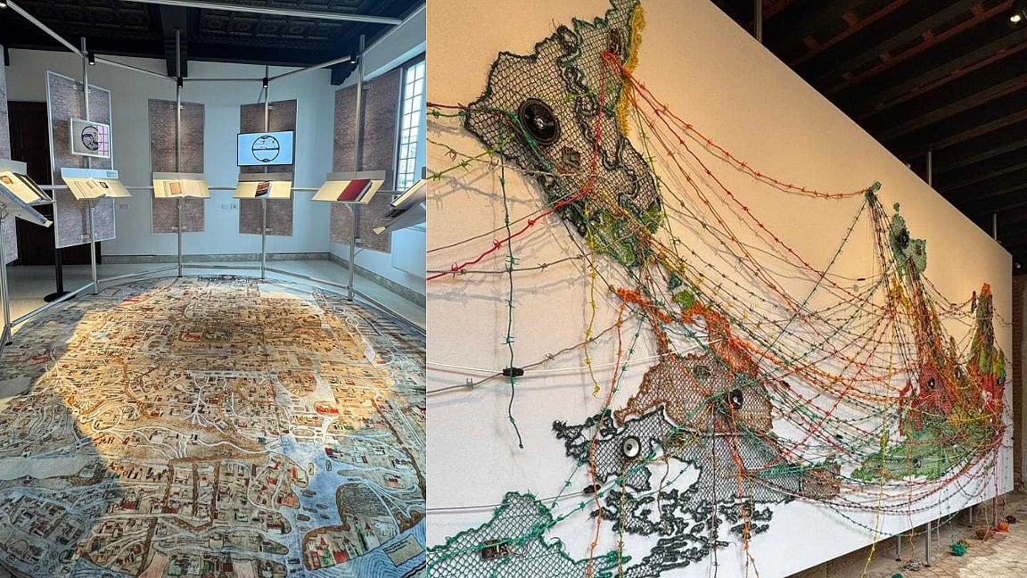 (Left) Shilpa Gupta's 100 Hand-drawn Maps of Italy and (right) Reena Saini Kallat's Woven Chronicle 