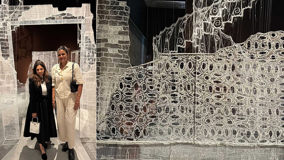 (Left) Deviina with Sumakshi Singh, (right) a closer look at Sumakshi's work 'Permanent Address'