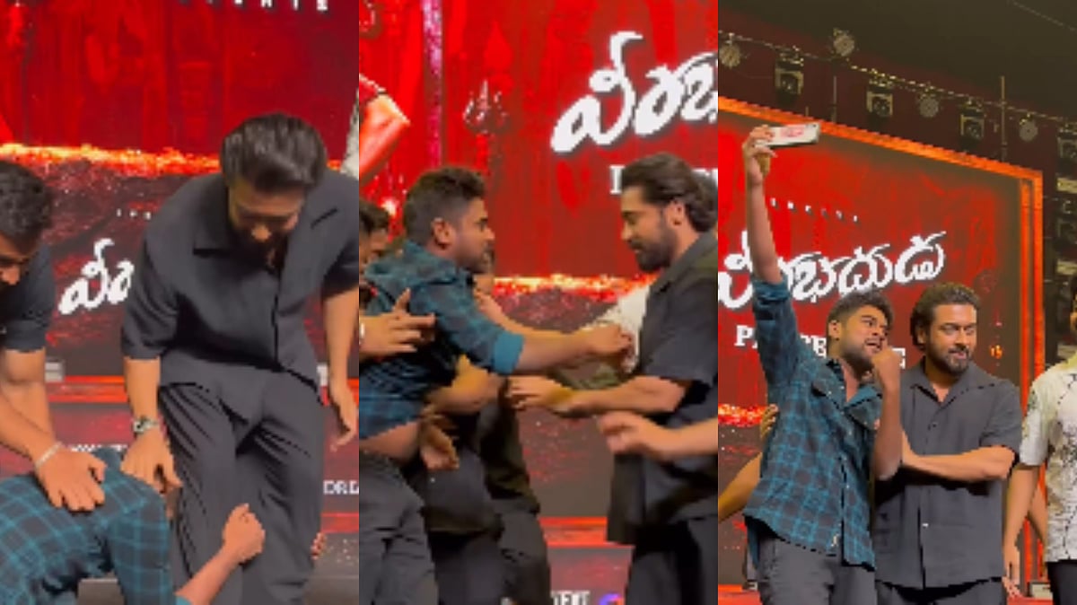 Video: Fan Rushes Towards Suriya On Stage At Karuppu Event In Hyderabad, Actor Stops Security To Take Selfie With Him