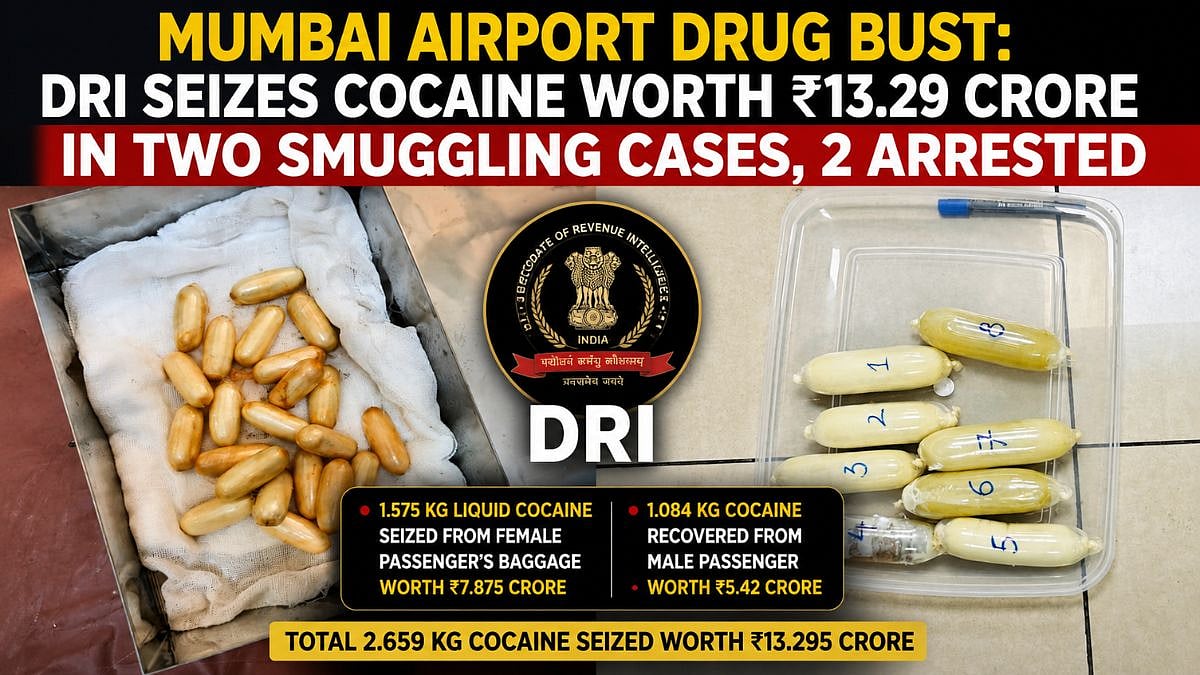 Mumbai Airport Drug Bust: DRI Seizes Cocaine Worth ₹13.29 Crore In 2 Smuggling Cases At CSMIA, 2 Arrested