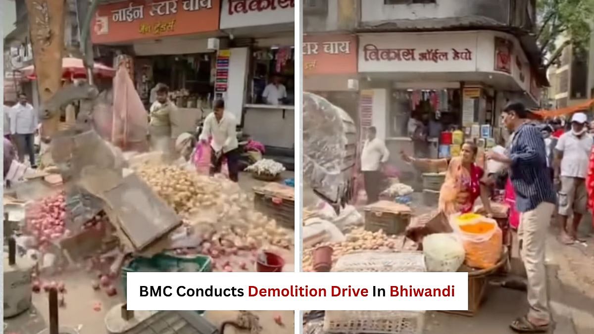 BMC Conducts Demolition Drive In Bhiwandi, Crushing Hawker Carts; Visuals Show Vegetables Strewn On Road - VIDEO 