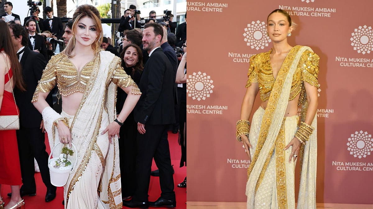 'First Indian Actress To Copy...': Urvashi Rautela TROLLED For 'Copying' Gigi Hadid's Iconic White-Gold Saree Look At Cannes Film Festival 2026 