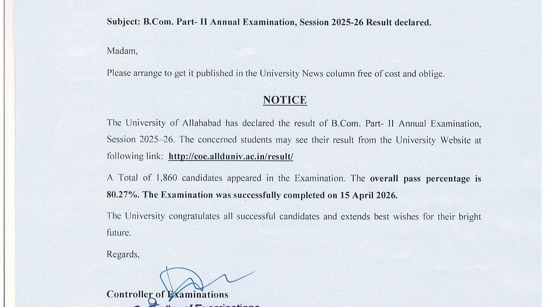 University Of Allahabad Declares B.Com Part-II Result 2026; Overall Pass Percentage At 80.27%