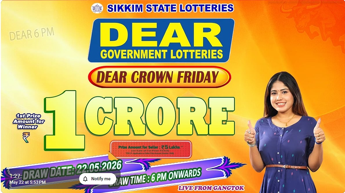 Sikkim State Lottery Result: May 22, 2026, 6 PM Live - Watch Streaming Of Winners List Of Dear Crown Friday Weekly Draw