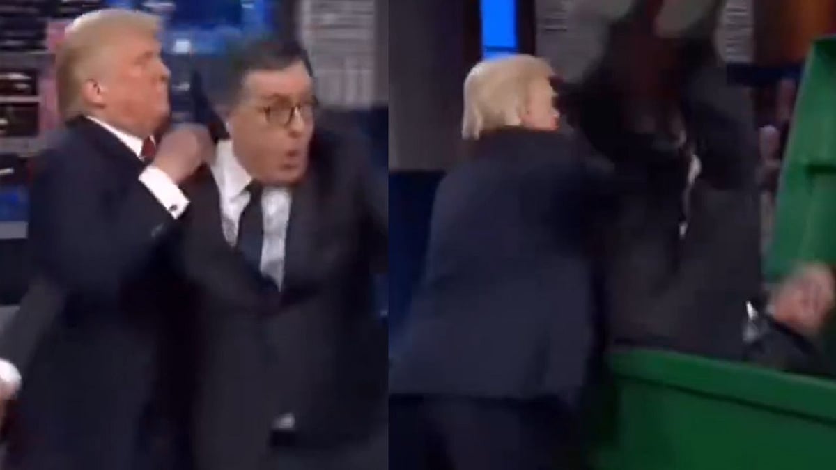 US President Donald Trump Posts AI Video Of Himself Dumping Stephen Colbert In Trash After Late Show Finale
