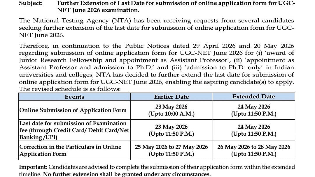 UGC NET June 2026 Extended Registration Window Closes Today At ugcnet.nta.nic.in; Correction Facility Opens May 26