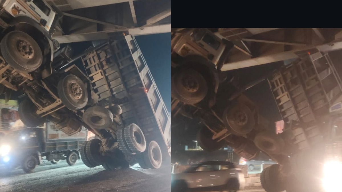 Palghar Accident: Dumper Truck Crashes, Gets Stuck In Bridge Structure On Mumbai-Ahmedabad Highway At Vasai's Kopar Phata; Picture Surfaces