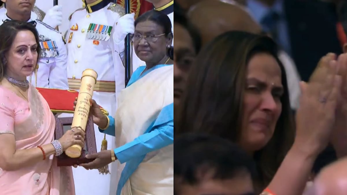 Hema Malini Accepts Padma Vibhushan For Late Husband Dharmendra In Delhi; Daughter Ahana Deol Gets Emotional- VIDEO