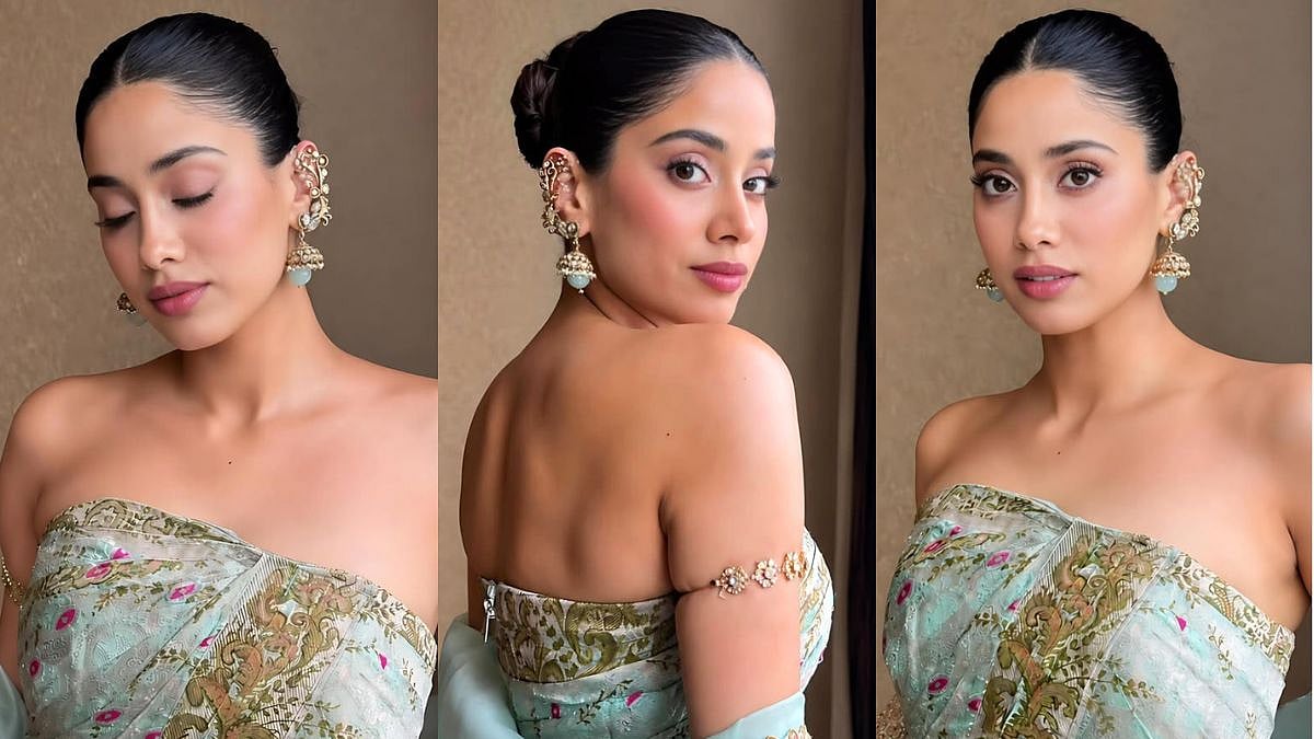 Desi But Make It Modern! Janhvi Kapoor Takes Over Peddi Event In Banarasi Gown With Flowing Dupatta & Ear Cuff Jhumkas