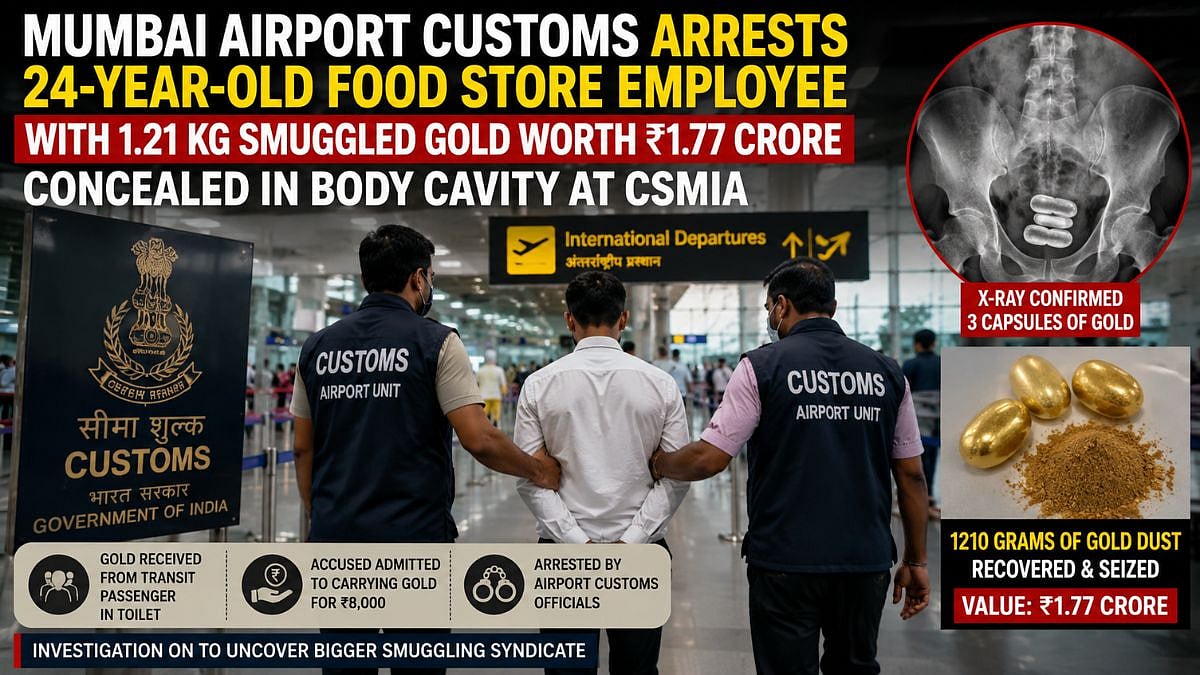 Mumbai Airport Customs Arrests 24-Year-Old Food Store Employee With 1.21 Kg Smuggled Gold Worth ₹1.77 Crore Concealed In Body Cavity At CSMIA