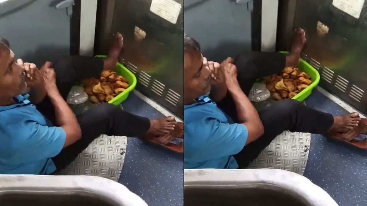 Samosa Vendor Seen Resting Feet On Same Snack Basket Inside Moving Train; Video Sparks Outrage Over Hygiene
