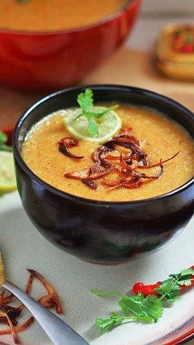 Haleem is a thick savoury delicacy made with meat, lentils and wheat, slow-cooked for several hours for a creamy texture.