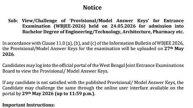 WBJEE 2026 Provisional Answer Key Released At wbjeeb.nic.in; Raise Objections Until May 29