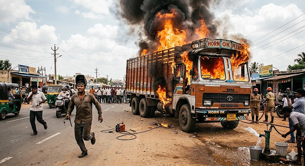 Welding Sparks Trigger Massive Truck Fire In Bhopal; Workshop Owner’s Son Suffers Burn Injuries