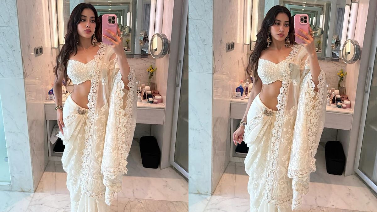 Janhvi Kapoor Ditches Traditional Pallu For Cape-Style Drape In Ivory Saree For Peddi Promotions