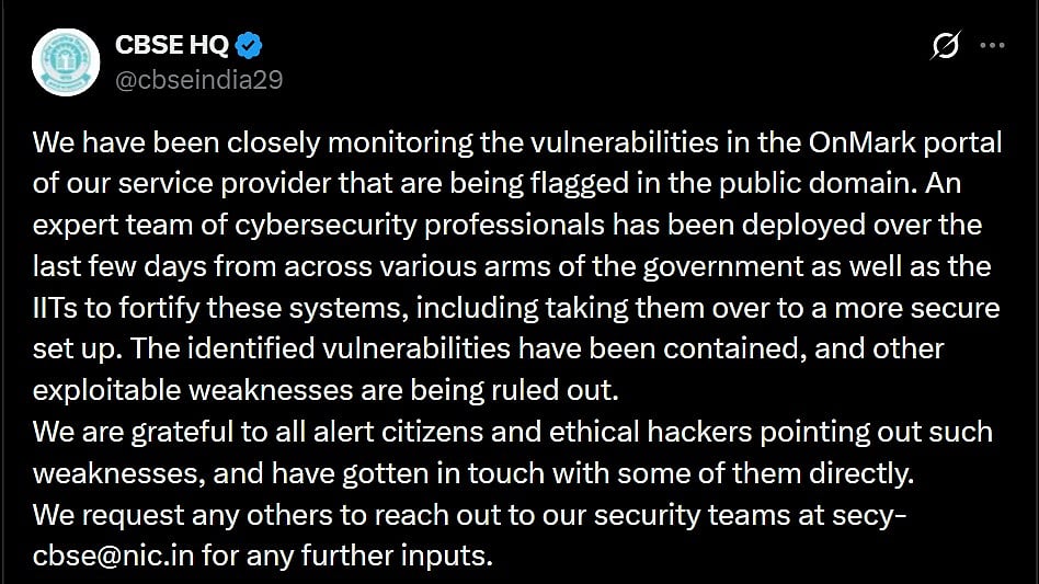 CBSE Deploys Cybersecurity Professionals From Govt & IITs To Strengthen OnMark Portal; Thanks Ethical Hackers And Alert Citizens