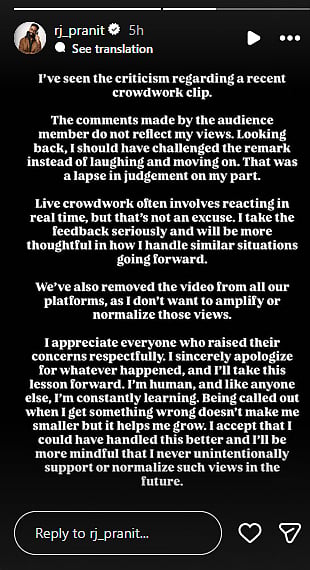 Pranit More has issued a public apology