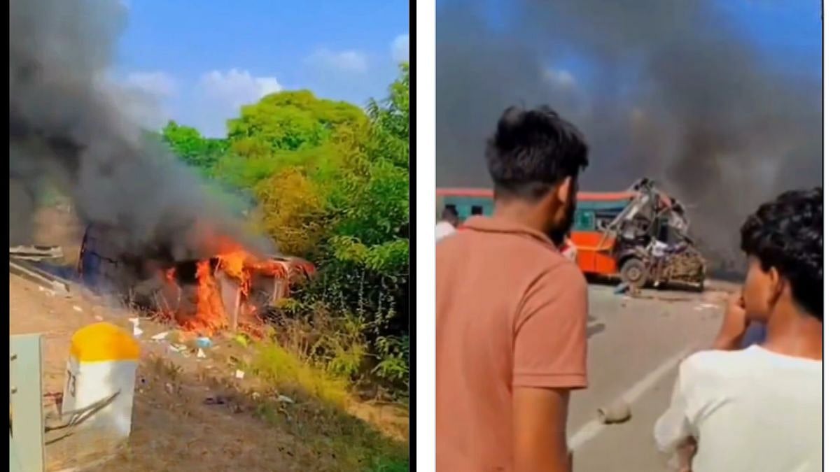 Five Killed In Head-On Collision Between Two MSRTC Buses; Visuals Show Mangled Vehicle, Fire After Crash