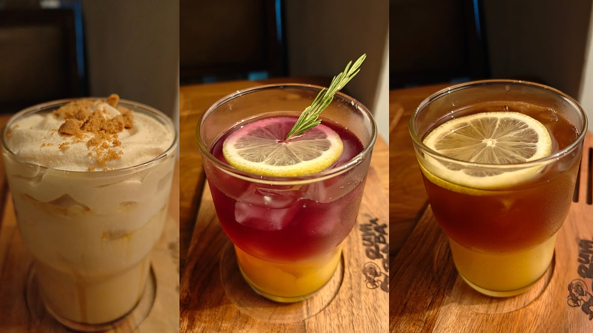 Brown Butter Caramel Latte, Smashed Mango Blue Pea Soda and Orange Cold Brew