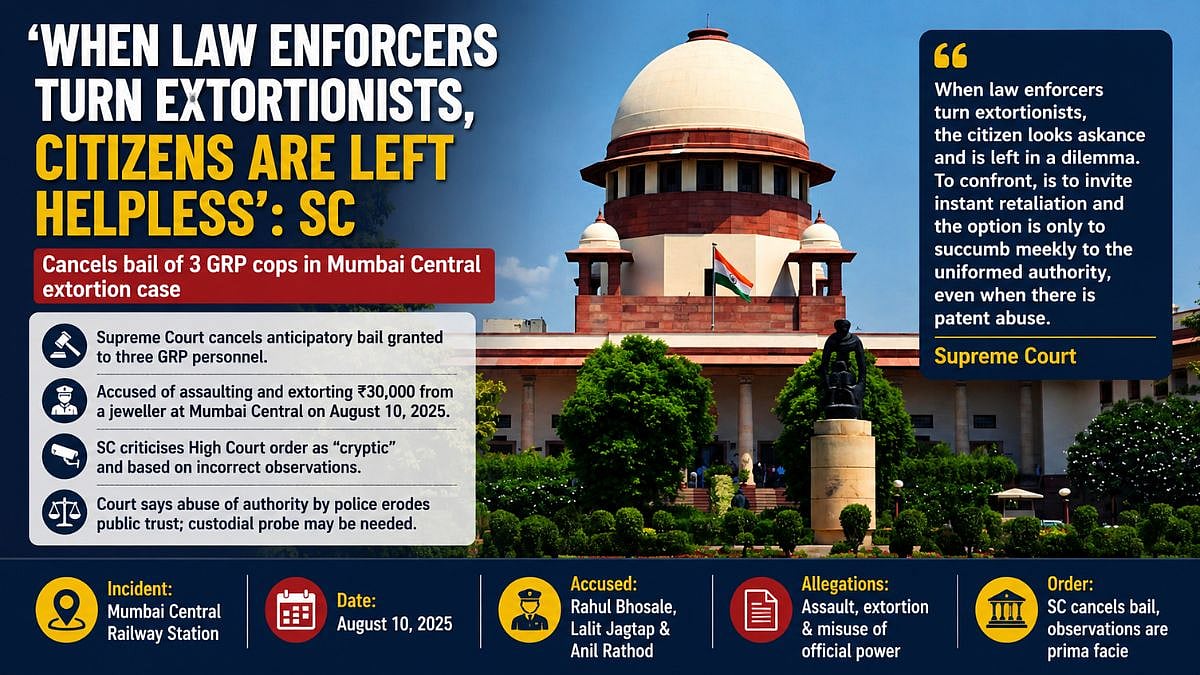 'When Law Enforcers Turn Extortionists, Citizens Are Left Helpless': Supreme Court Cancels Bail Of 3 GRP Cops In Mumbai Central Extortion Case