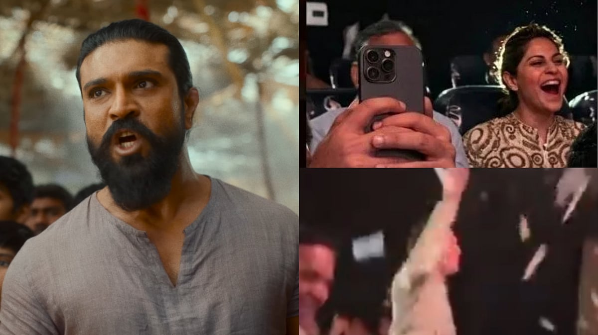 Video: Upasana Showers Confetti, Blows Whistle & Cheers For Husband Ram Charan With Fans During Peddi Screening In Hyderabad 