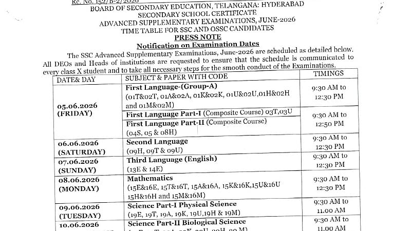 BSE Telangana SSC Advanced Supplementary Exam 2026 Datesheet Released; Exams From June 5 To 12