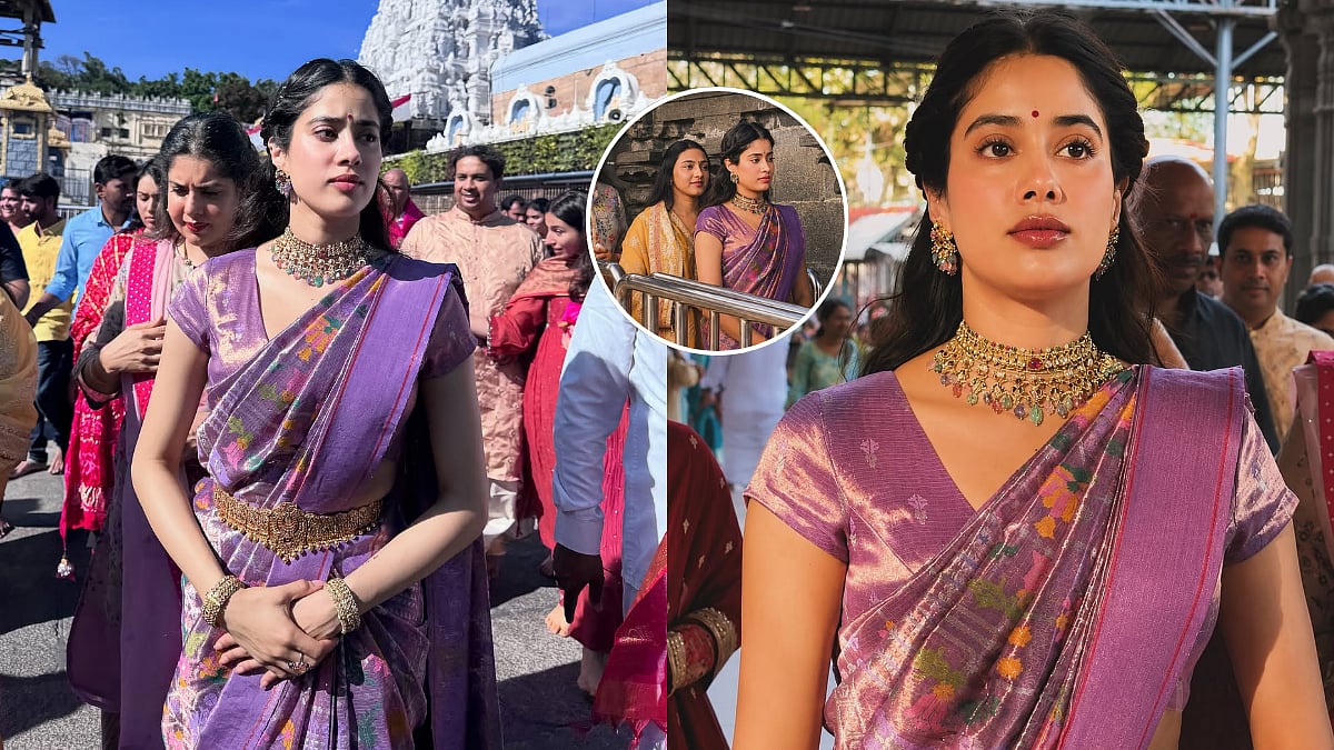 Peddi Actress Janhvi Kapoor Visits Tirumala Temple Ahead Of Release Today; Stuns In Floral Silk Saree & Statement Gold Waist Belt