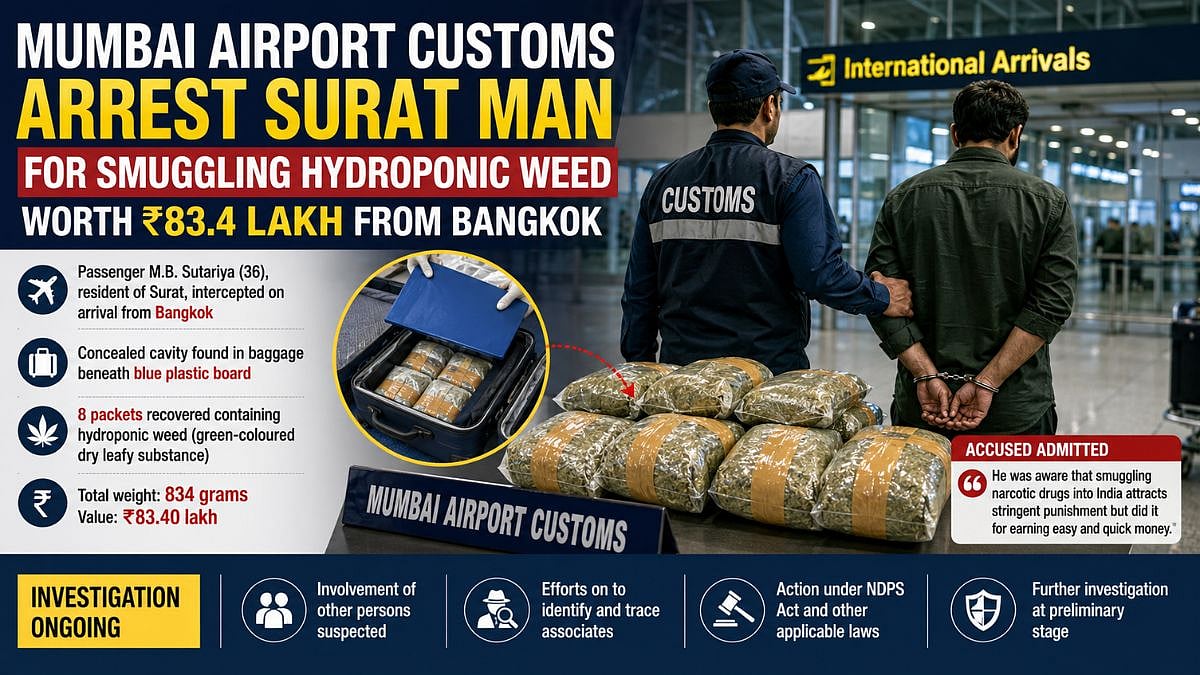 Mumbai Airport Customs Arrest 36-Year-Old Surat Man For Smuggling Hydroponic Weed Worth ₹83.4 Lakh From Bangkok At CSMIA