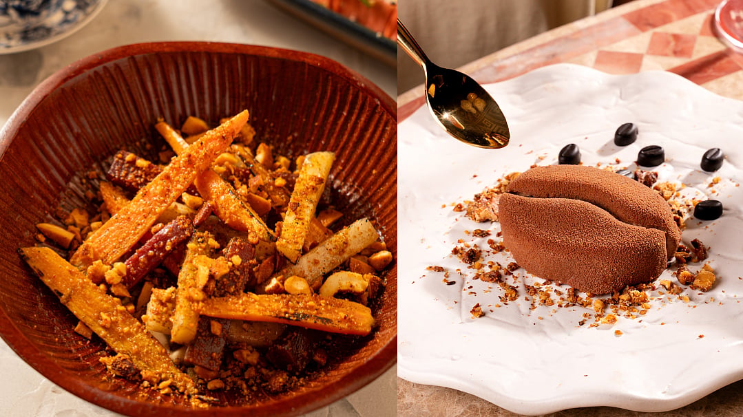 (Left) Root vegetables with tahini and yuzu dressing, (right) Vietnamese Coffee Noir