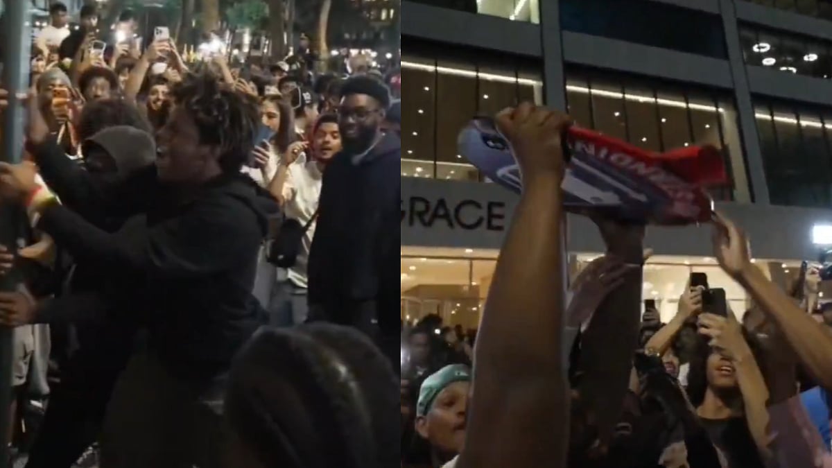 New York Knicks Fans Tear Down Street Sign During NBA Finals Watch Party Near Bryant Park | Video
